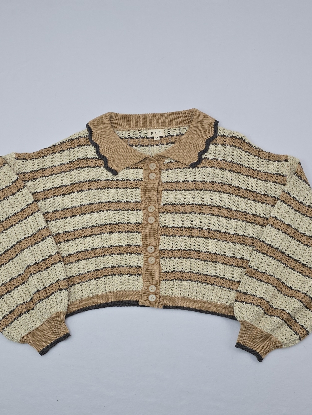 POL Striped Cropped Knit Cardigan in Cream and Brown